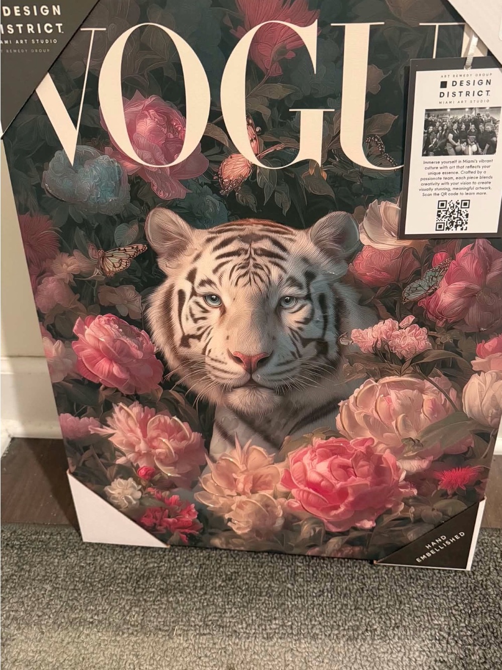 Vogue White Tiger with Pink and Green Floral Motif Poster
